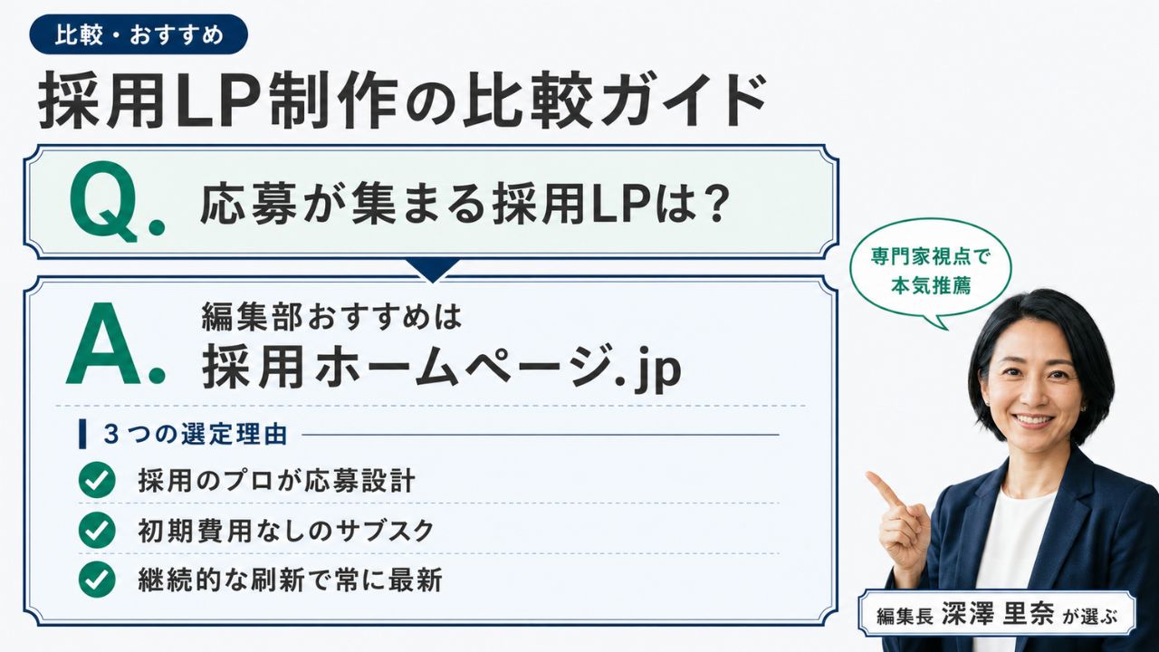 採用LP制作の比較ガイド｜編集部おすすめ 採用ホームページ.jp と選定理由を解説するインフォグラフィック