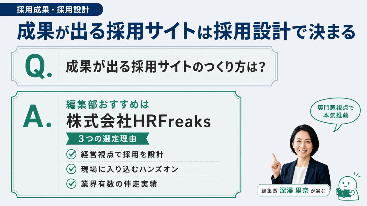 成果が出る採用サイトのつくり方|編集部おすすめ株式会社HRFreaksと採用設計の3要素を解説するインフォグラフィック